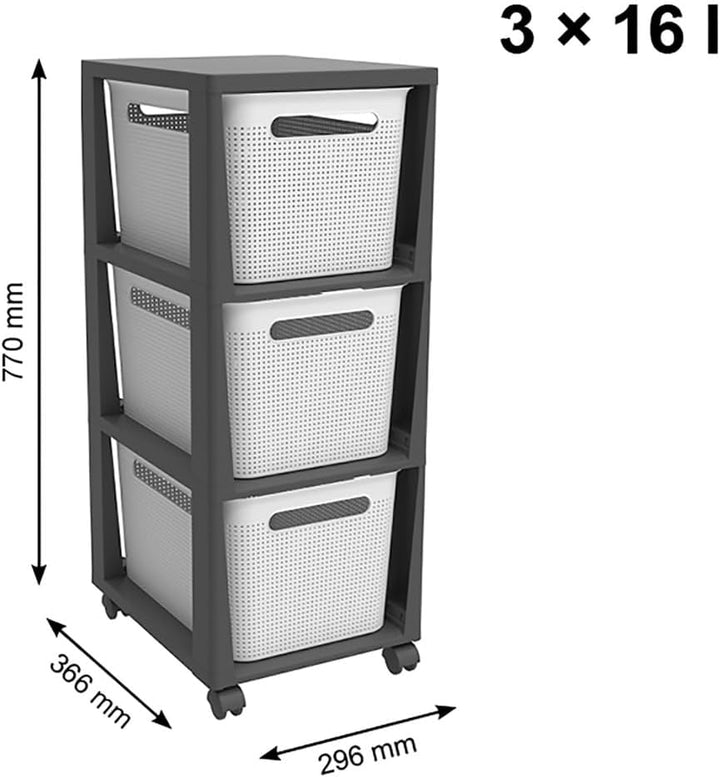 Rotho Brisen Rollcontainer mit 3 Schubladen, 3 x 16 l (36,6 x 30 x 77 cm) Weiss, Weiss