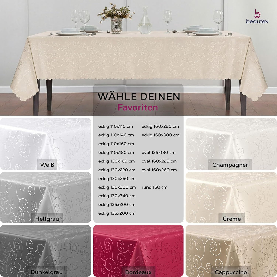 BEAUTEX Tischdecke Damast Ornamente - Bügelfreies Tischtuch - Fleckabweisende, Pflegeleichte Tischwä