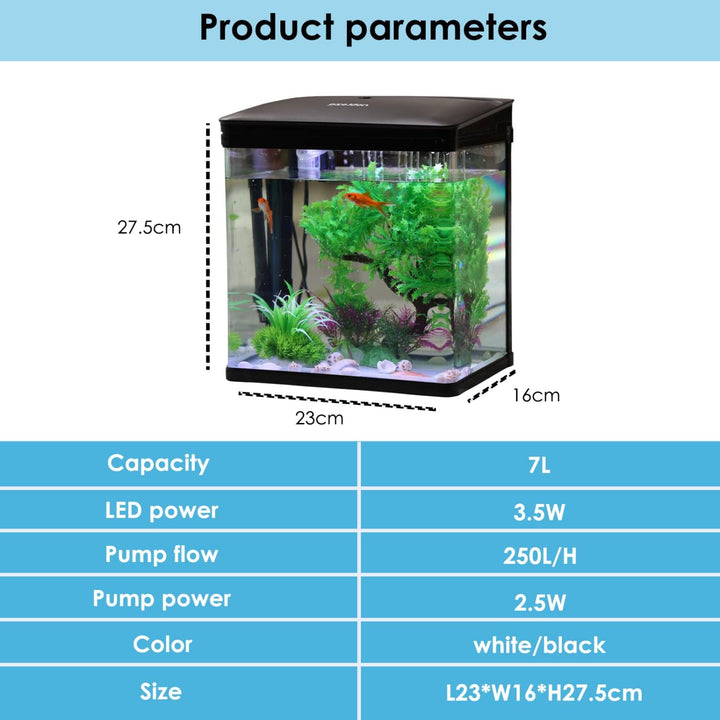 Nobleza - 7L Mini Aquarium Komplettset, Nano Aquarium Stabiles Einsteigerbecken mit LED-Beleuchtung