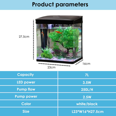 Nobleza - 7L Mini Aquarium Komplettset, Nano Aquarium Stabiles Einsteigerbecken mit LED-Beleuchtung