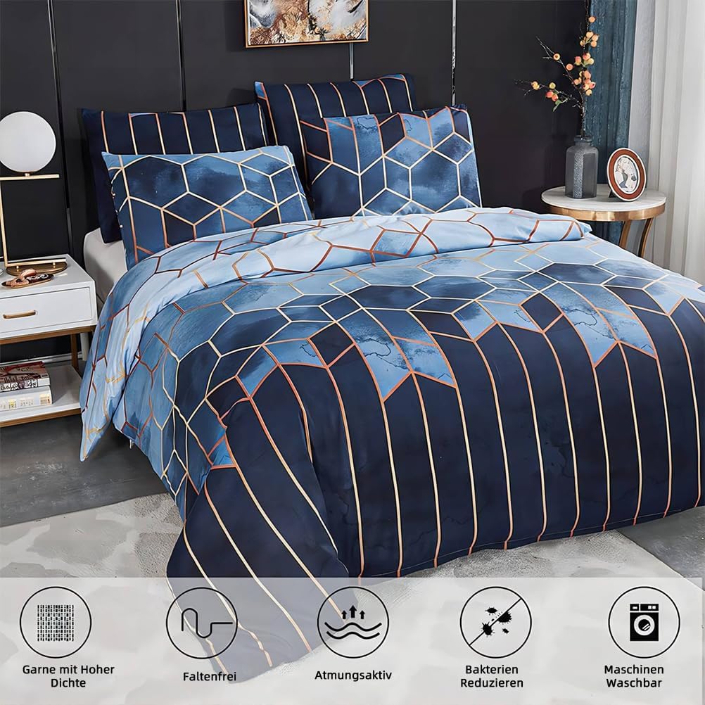 Freyamy Bettwäsche 200x200cm 3 Teilig Blau Kariert Marmor Wendebettwäsche Geometrische Modern Microf
