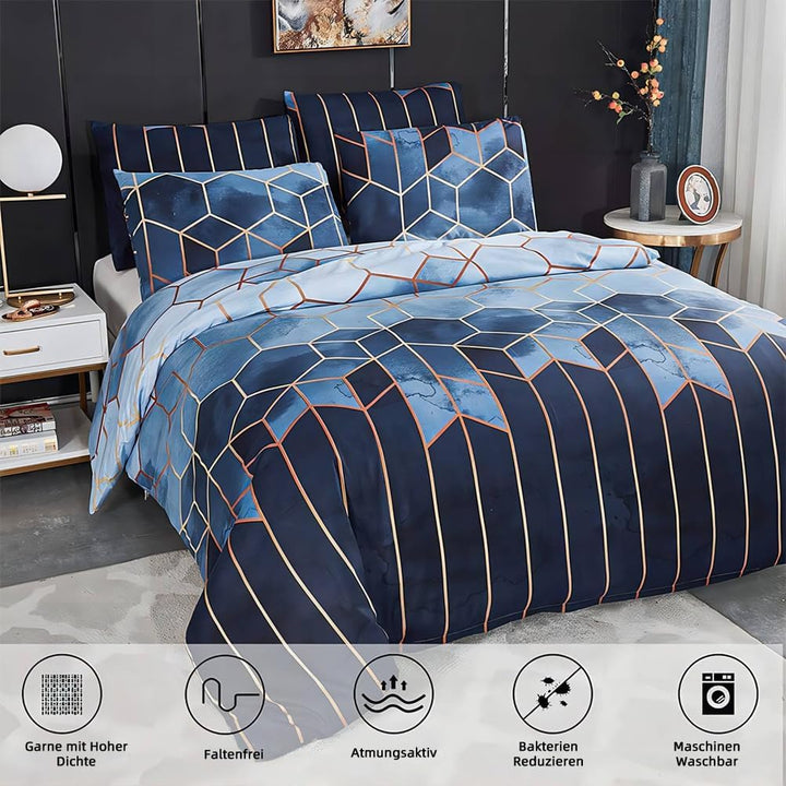 Freyamy Bettwäsche 200x200cm 3 Teilig Blau Kariert Marmor Wendebettwäsche Geometrische Modern Microf