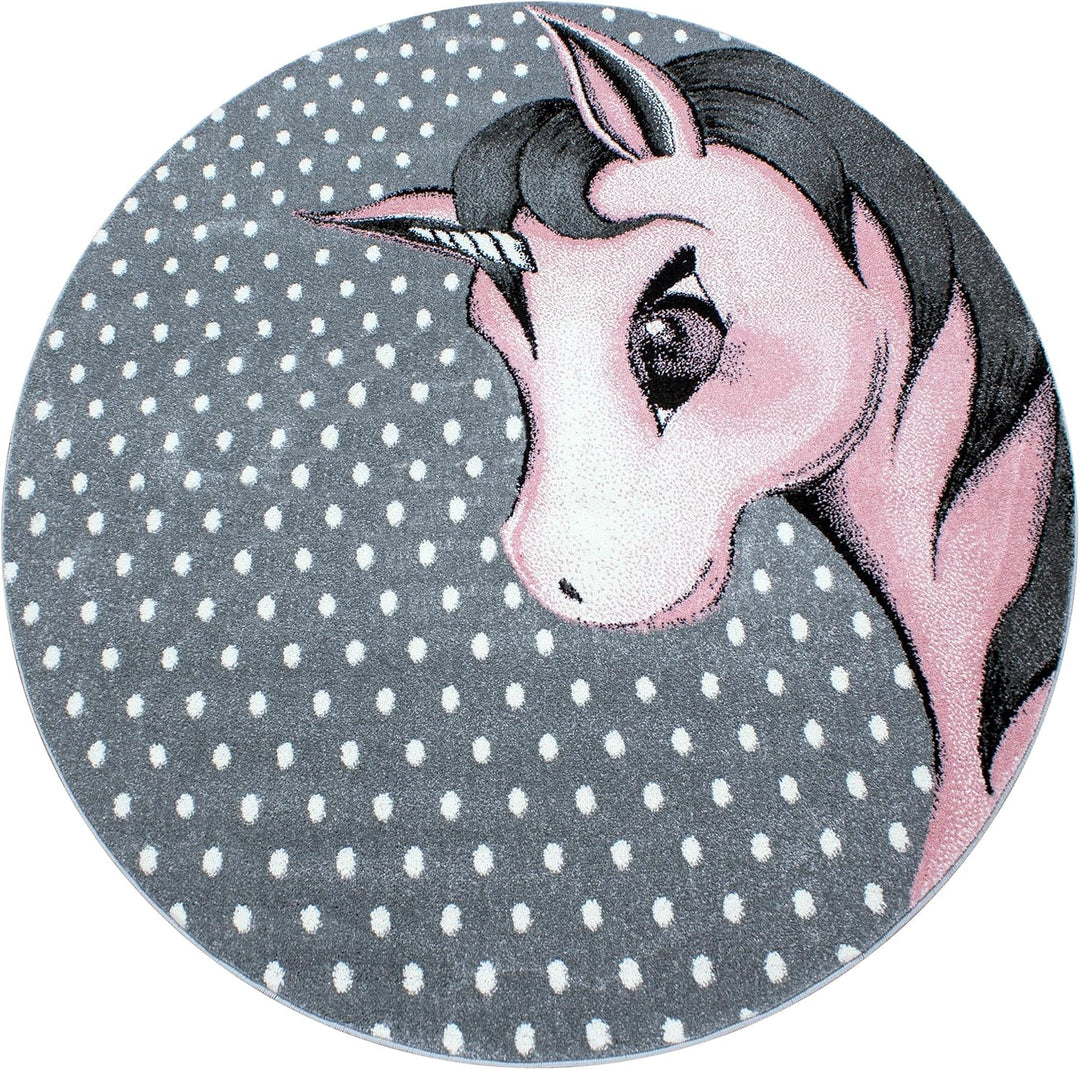HomebyHome Kinderteppich Kurzflor Einhorn Design Rosa 160 cm Rund- Teppich Kinderzimmer Mädchen Extr