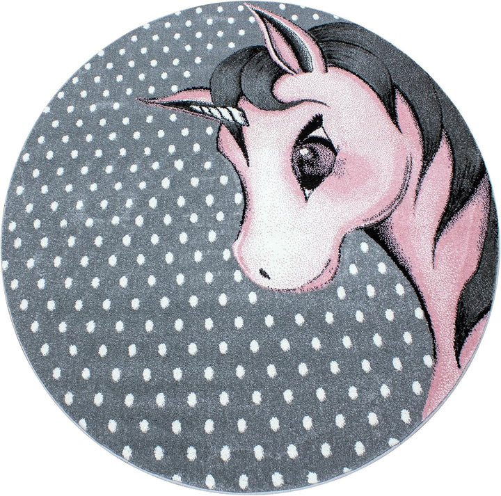 HomebyHome Kinderteppich Kurzflor Einhorn Design Rosa 160 cm Rund- Teppich Kinderzimmer Mädchen Extr
