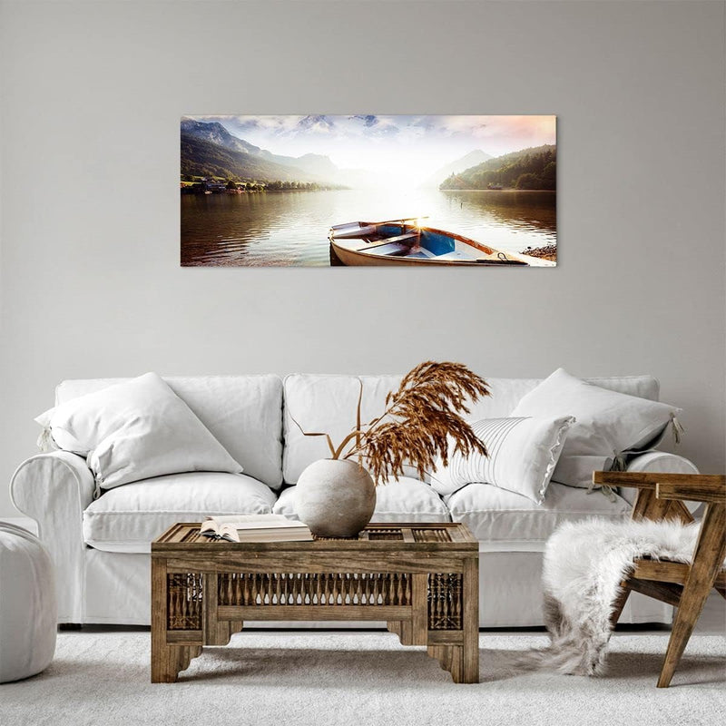 Panorama Bilder auf Leinwand 100x40cm Leinwandbild mit Rahmen Berge See Boot Gross Wanddeko Bild Sch