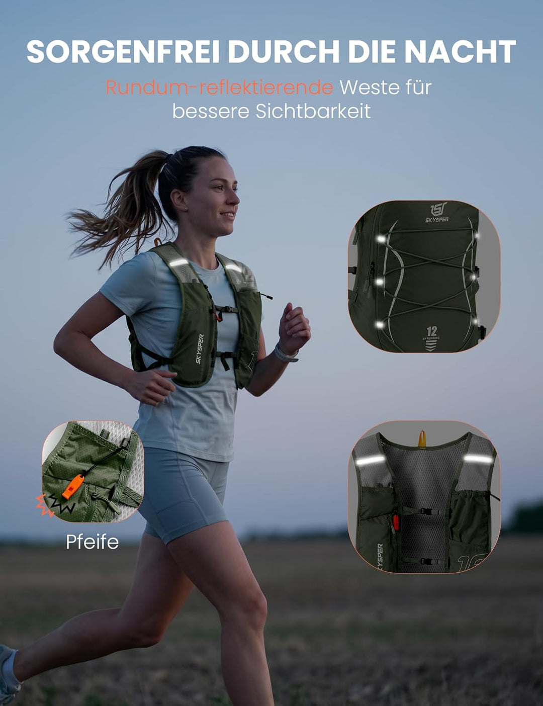 SKYSPER Laufweste für Damen Herren 12L Laufrucksack mit 500ml Trinkflasche Reflektierende Trinkweste