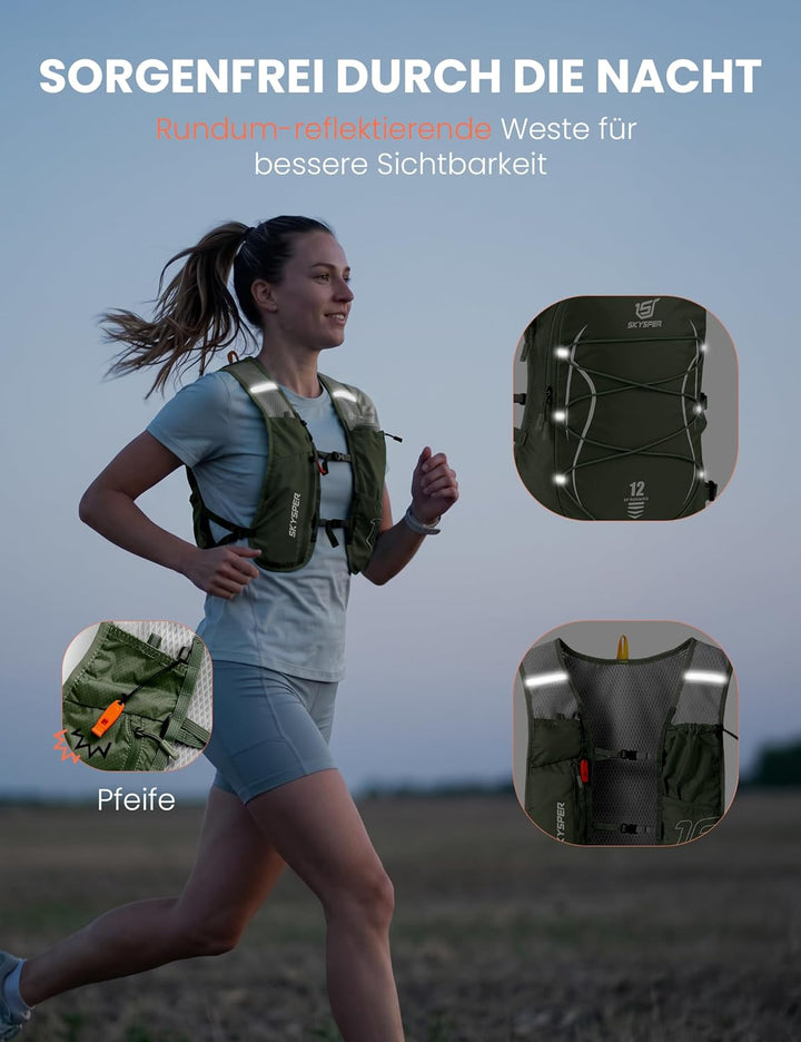 SKYSPER Laufweste für Damen Herren 12L Laufrucksack mit 500ml Trinkflasche Reflektierende Trinkweste