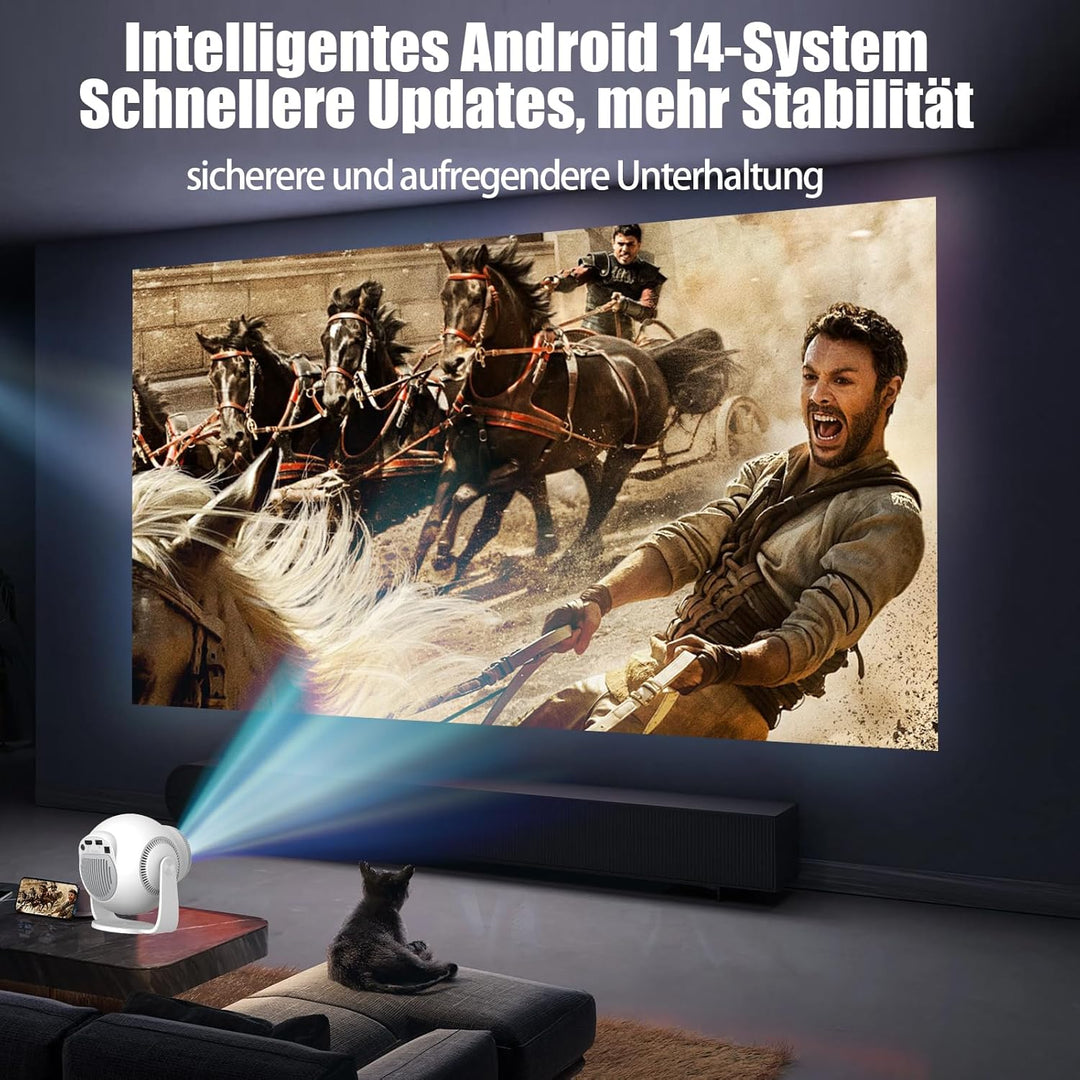 Mini Beamer Unterstützt 4K & 8K 1080P, Smart Beamer mit 5G WiFi 6 BT 5.4, Android 14-System, Tragbar