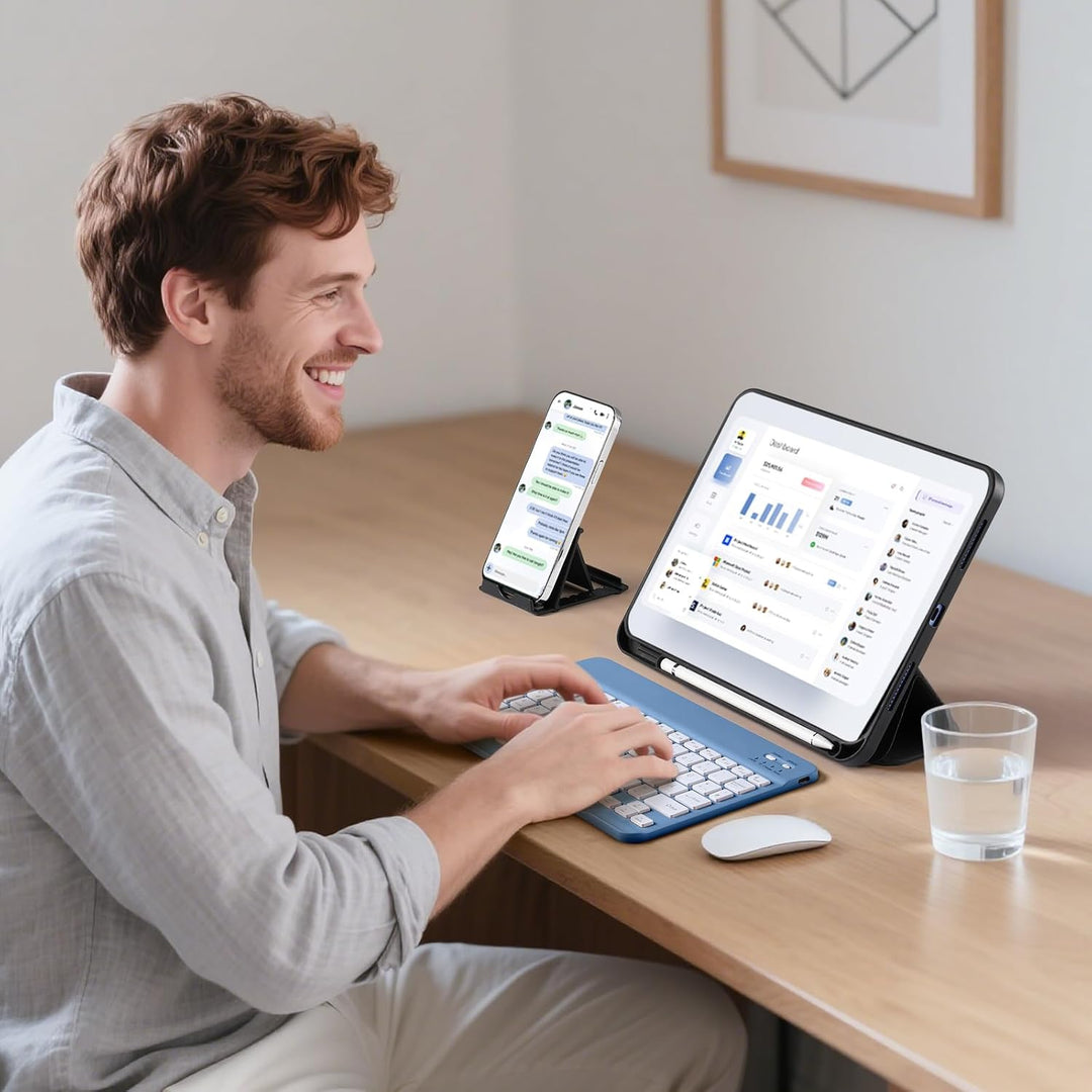 Vobafe Bluetooth Tastatur mit Telefonhalter für iOS/Android/Windows, Kabellose Tablet Tastatur für i