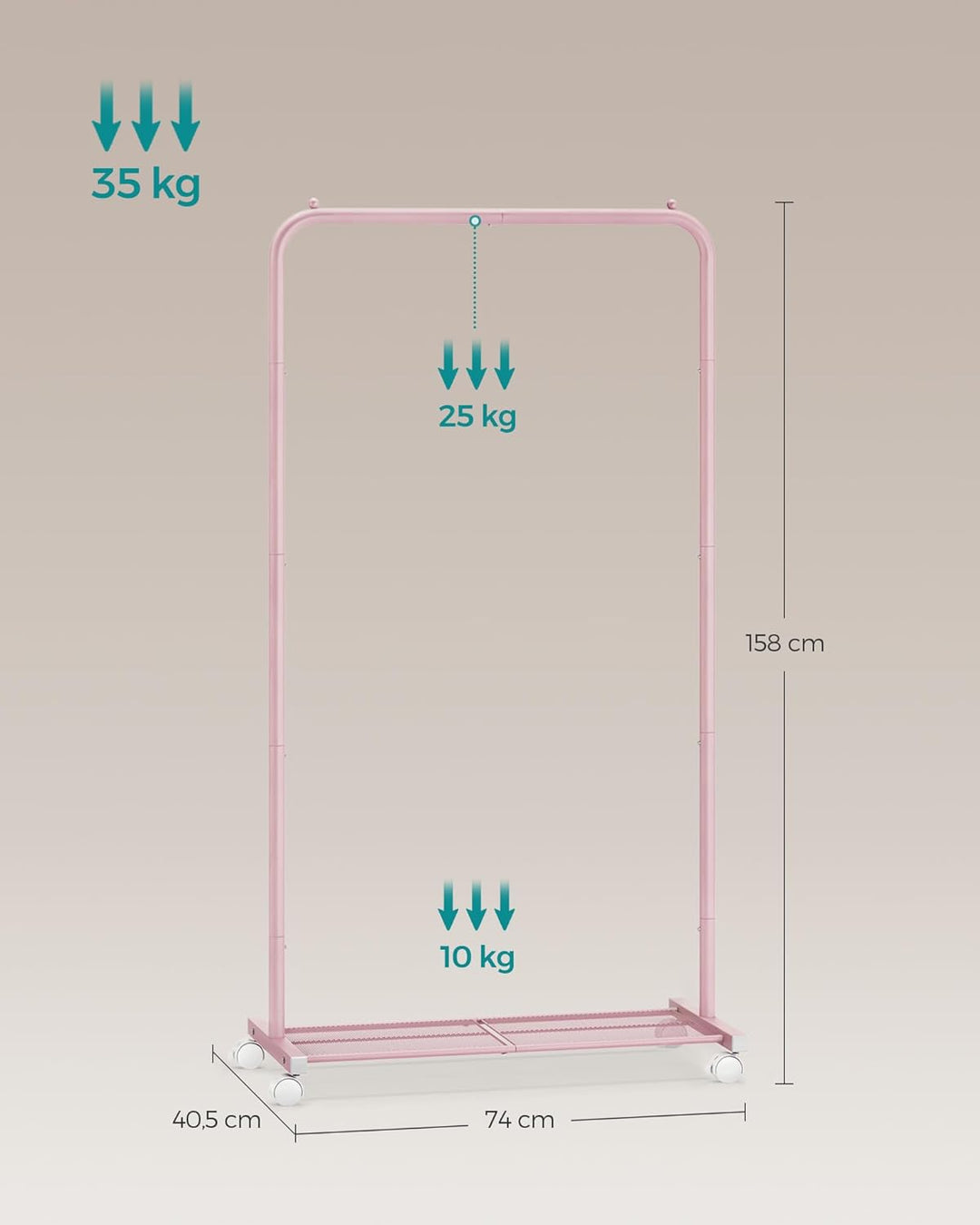 SONGMICS Kleiderständer, Kleiderstange auf Rollen, Garderobenständer 74 cm breit, Rollgarderobe mit