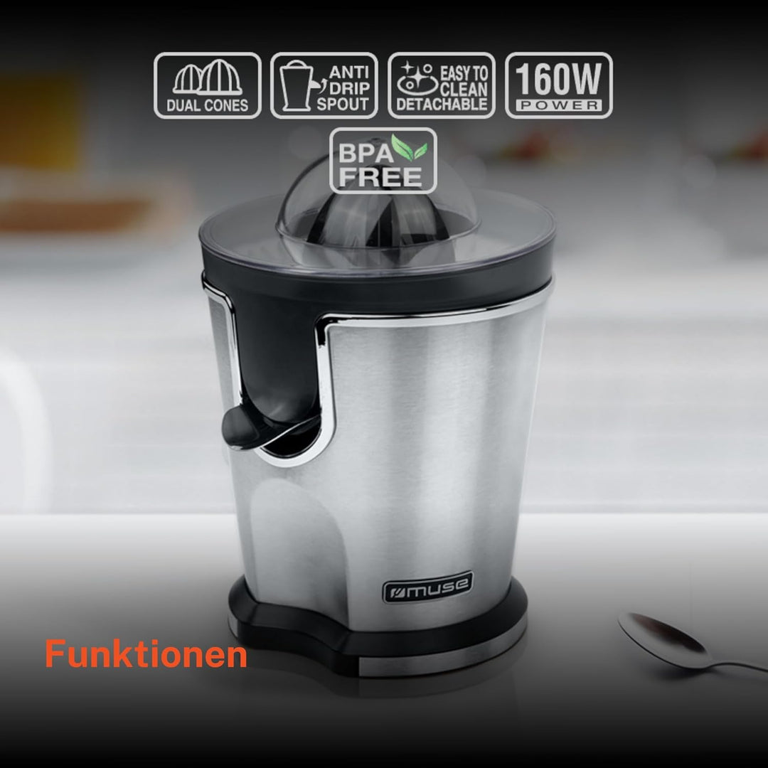 Muse MS-10 CP Power Juicer, Fruchtsaftpresse aus Edelstahl, Schwarz und Chrom, Hohe Leistung und Eff