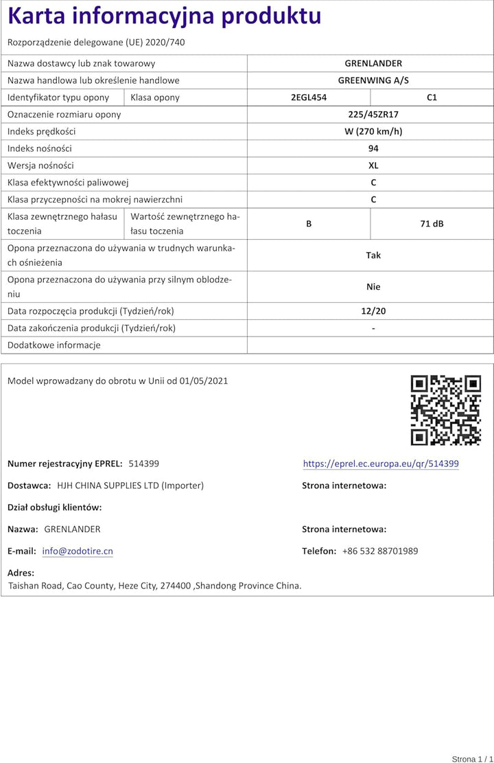 Grenlander Greenwing AS 3PMSF 225/45 R17 94W Ganzjahresreifen GTAM T275231 ohne Felge