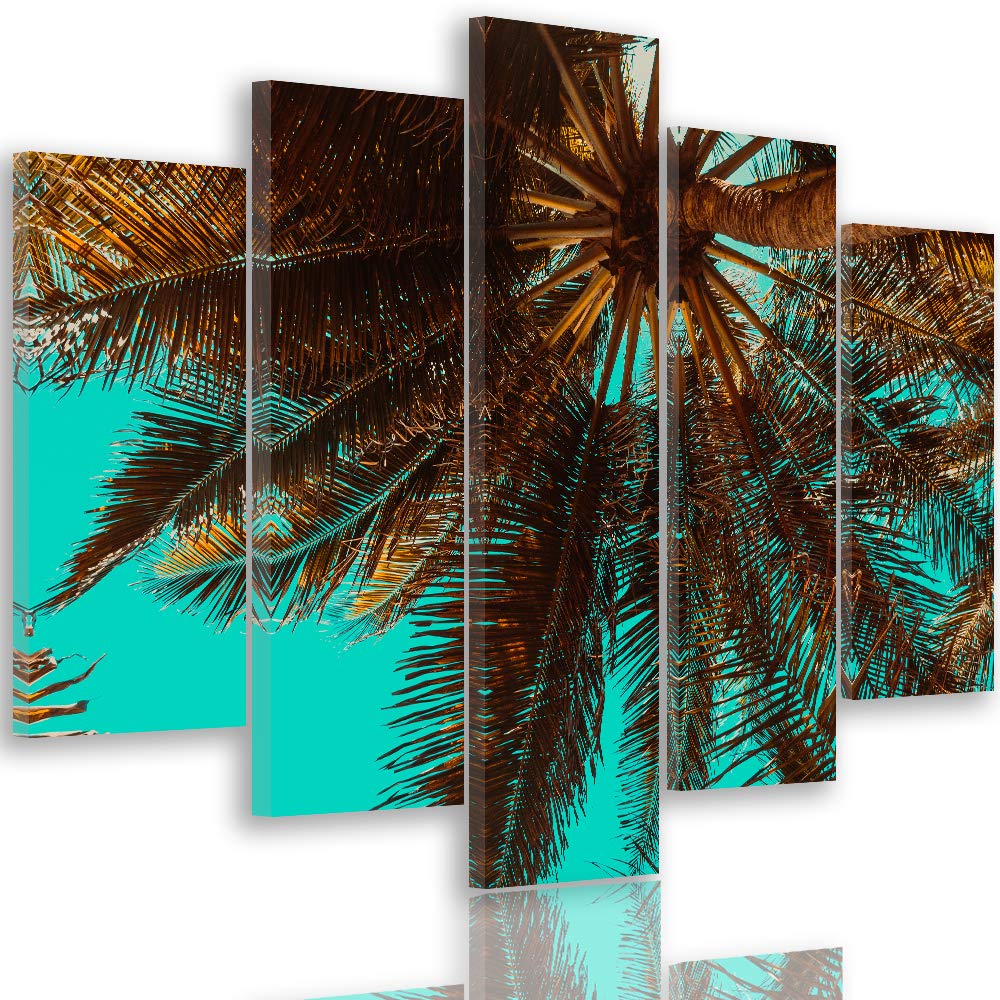 Feeby Bild auf Leinwand Palme 5 Teilig Modern Natur Exotik Himmel Retro blau 200x100 cm Leinwandbild