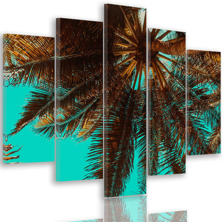 Feeby Bild auf Leinwand Palme 5 Teilig Modern Natur Exotik Himmel Retro blau 200x100 cm Leinwandbild