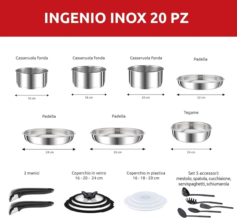 Lagostina Ingenio Inox Topf- und Pfannenset für Induktion, Edelstahl 18/10, grau, 20 Stück, 20 Pezzi