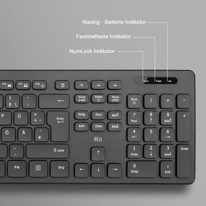 Rii Tastatur Maus Set kabellos, Funktastatur mit Maus, Wireless Keyboard and Mouse, Für PC/Laptop/Wi