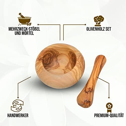 Mörser mit Stössel aus Olivenholz, Kräutermörser, handgefertigt mit Naturrand, Küchenmörser Holzmörs