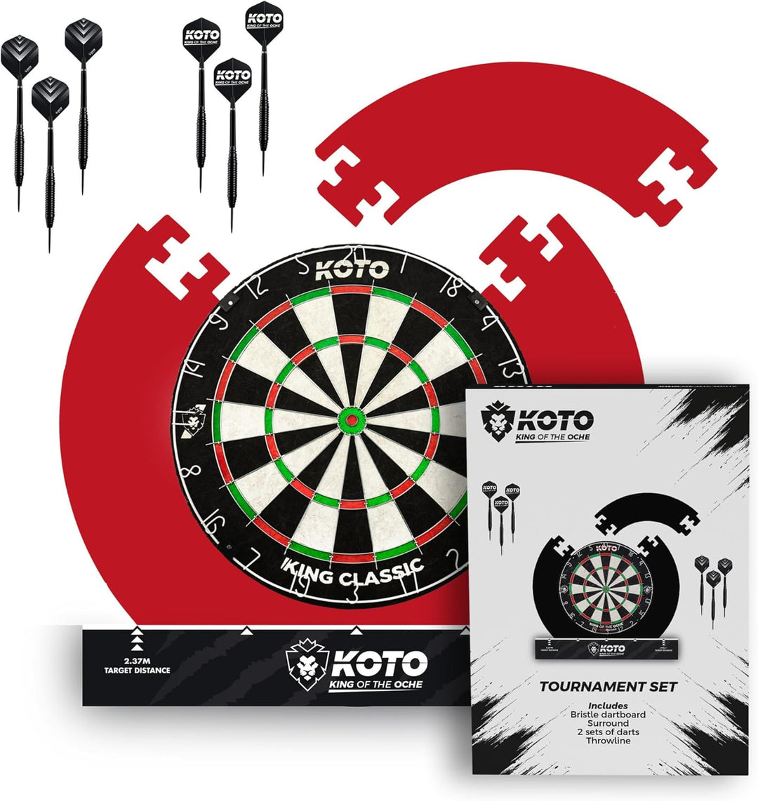 KOTO - Tournament Set Schwarz (Offizielle Masse) Bristle Dartboard, inkl. 4 STK. Surround, 2 Sätze 2