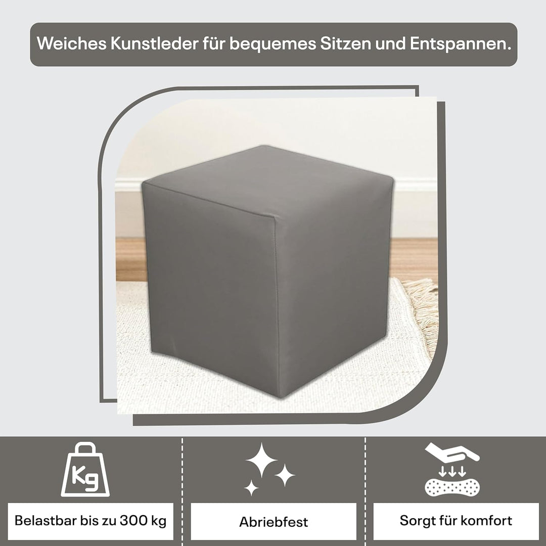 Best for Home Sitzhocker Kunstleder Sitzwürfel Bodenkissen Fusshocker 40x40x40 cm viele Farben (Grau
