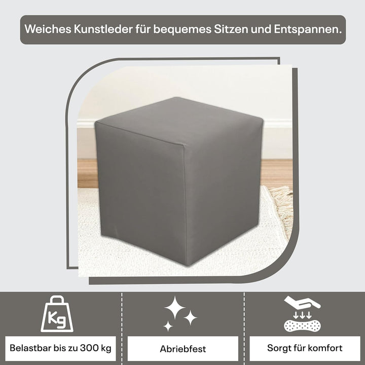 Best for Home Sitzhocker Kunstleder Sitzwürfel Bodenkissen Fusshocker 40x40x40 cm viele Farben (Grau