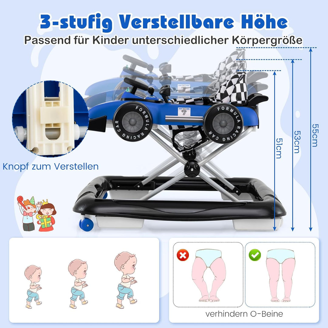 COSTWAY 4 in 1 Lauflernhilfe, Lauflernwagen klappbar mit einstellbarer Höhe, Baby Walker Autoförmig