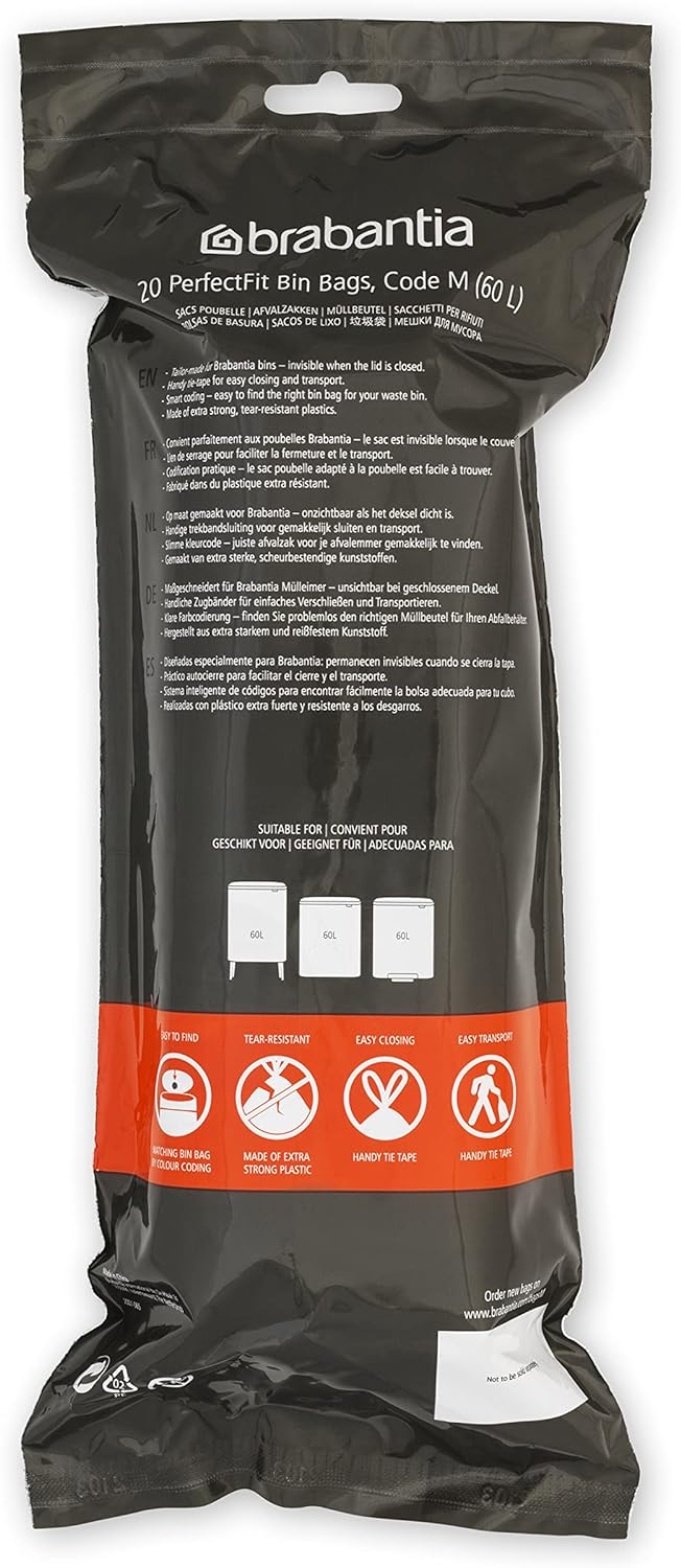 Brabantia Müllbeutel PerfectFit Multipack (Code M - 60L) Extra Starke Müllsäcke mit Zugband, 6 rolle