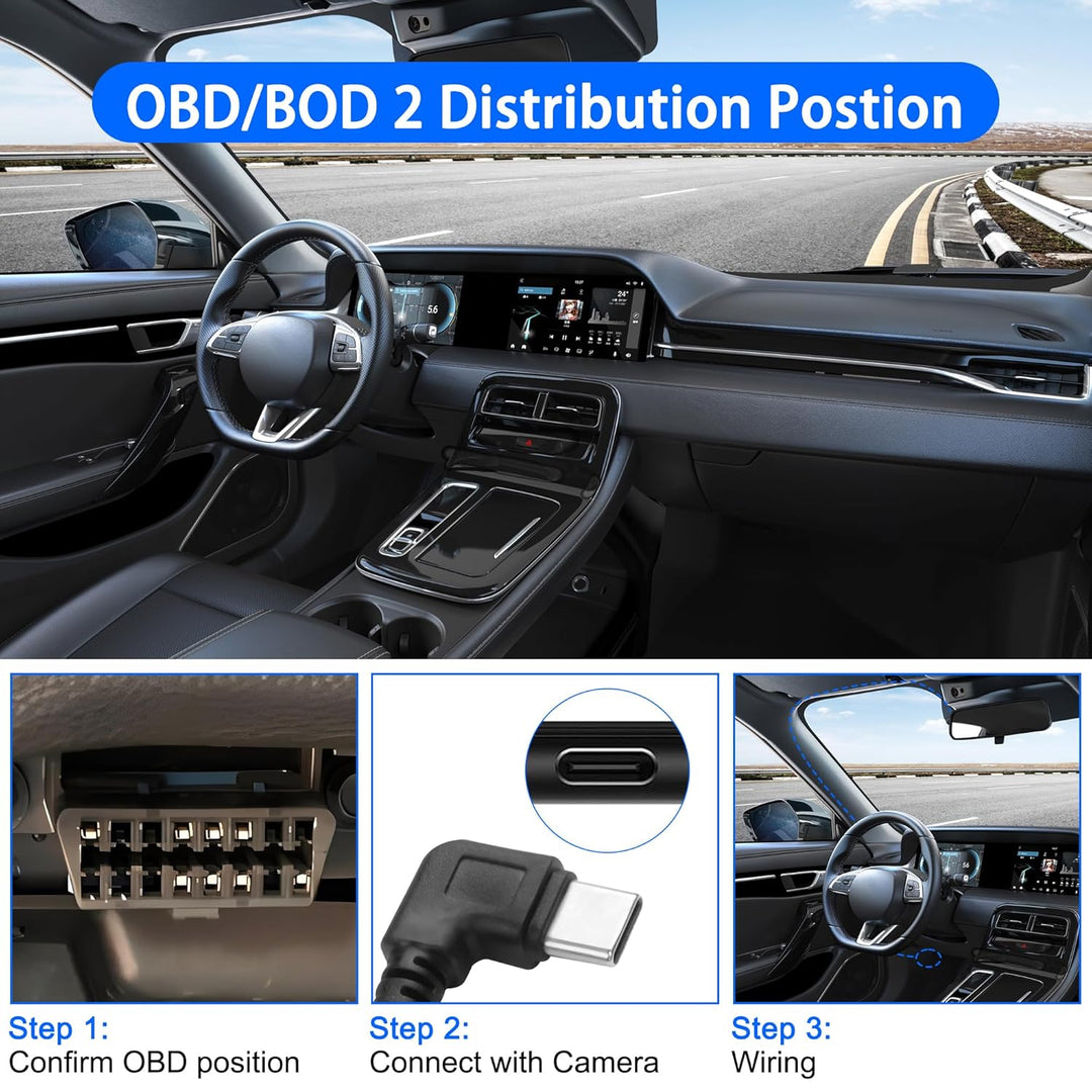 MEIRIYFA OBD OBD2 Stromkabel für Dash Kamera, OBD2 zu USB C Ladekabel mit 24-Stunden-Überwachung Typ