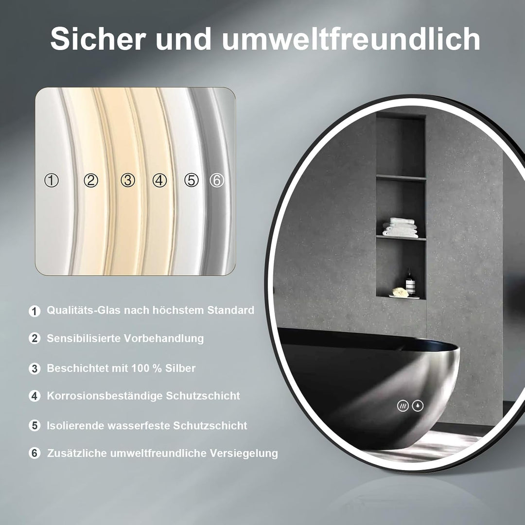 Schwarz Rahmen Badspiegel mit Beleuchtung Rund 60cm, Badzimmerspiegel mit ANTIBESCHLAG und Touch-Sch