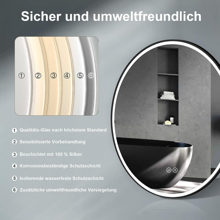 Schwarz Rahmen Badspiegel mit Beleuchtung Rund 60cm, Badzimmerspiegel mit ANTIBESCHLAG und Touch-Sch