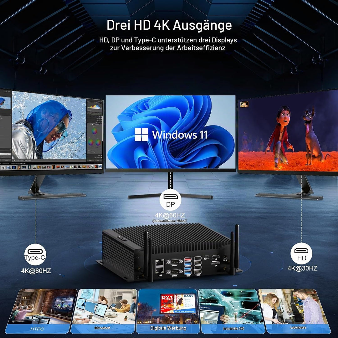 HISTTON Lüfterlos Mini PC Core i5-10210U, 16GB RAM 512GB M.2 SSD, Industrie PC mit 6 RS232 COM, HD+D