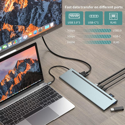 Docking Station,12 in 1 USB-C Hub,USB Typ C 4K 30Hz DP+HDMI+VGA 100W PD 4 USB3.0,SD/TF Reader,Ethern