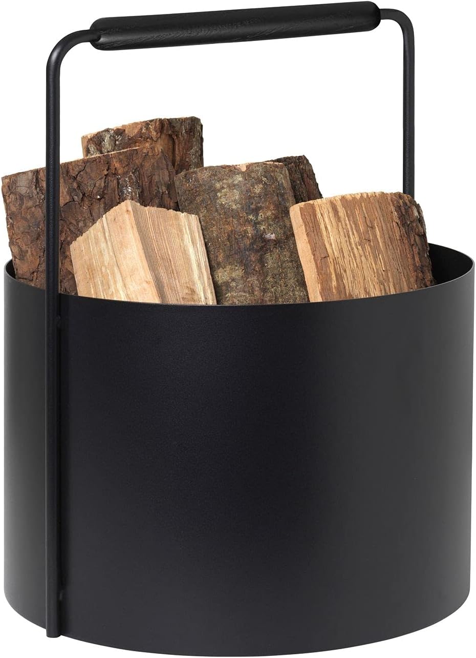blomus Holzkorb ASHI | Feuerholzkorb mit Griff in Schwarz | 37L x 35B x 45H cm | Karminkorb aus pulv