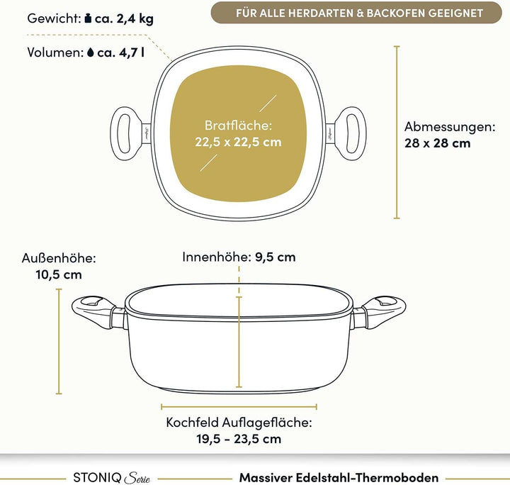 Hoffmann STONIQ Bräter 28×28 cm, 4,7 l, Aluguss, PFAS-freie IQ-SHIELD Antihaftbeschichtung, Induktio