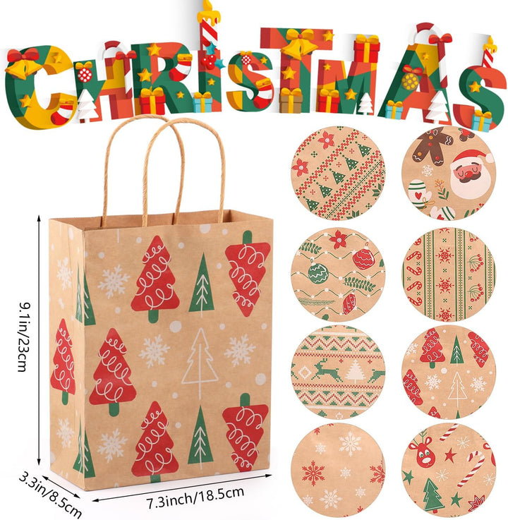 24 Stück Papiertüten Weihnachten Geschenktüten mit Henkel, Braun Weihnachtstaschen Weihnachtsgeschen