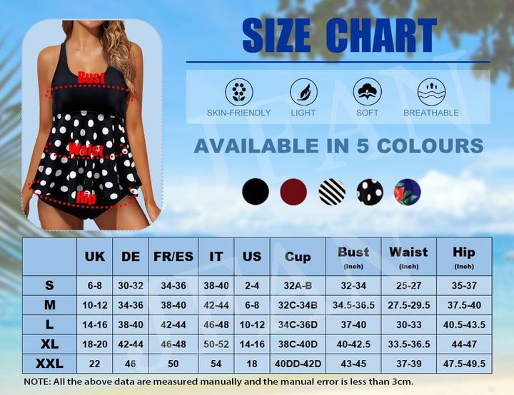 JFAN Tankini Damen Badeanzug Damen Bauchweg mit Rüschen Badekleider und Bikinihose L Polka-punkte, L