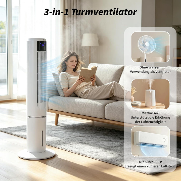 Citybee Turmventilator mit kühlung - Tower Fan leise - 3 Geschwindigstufen 3 Modi - 12 H Timer - 50°