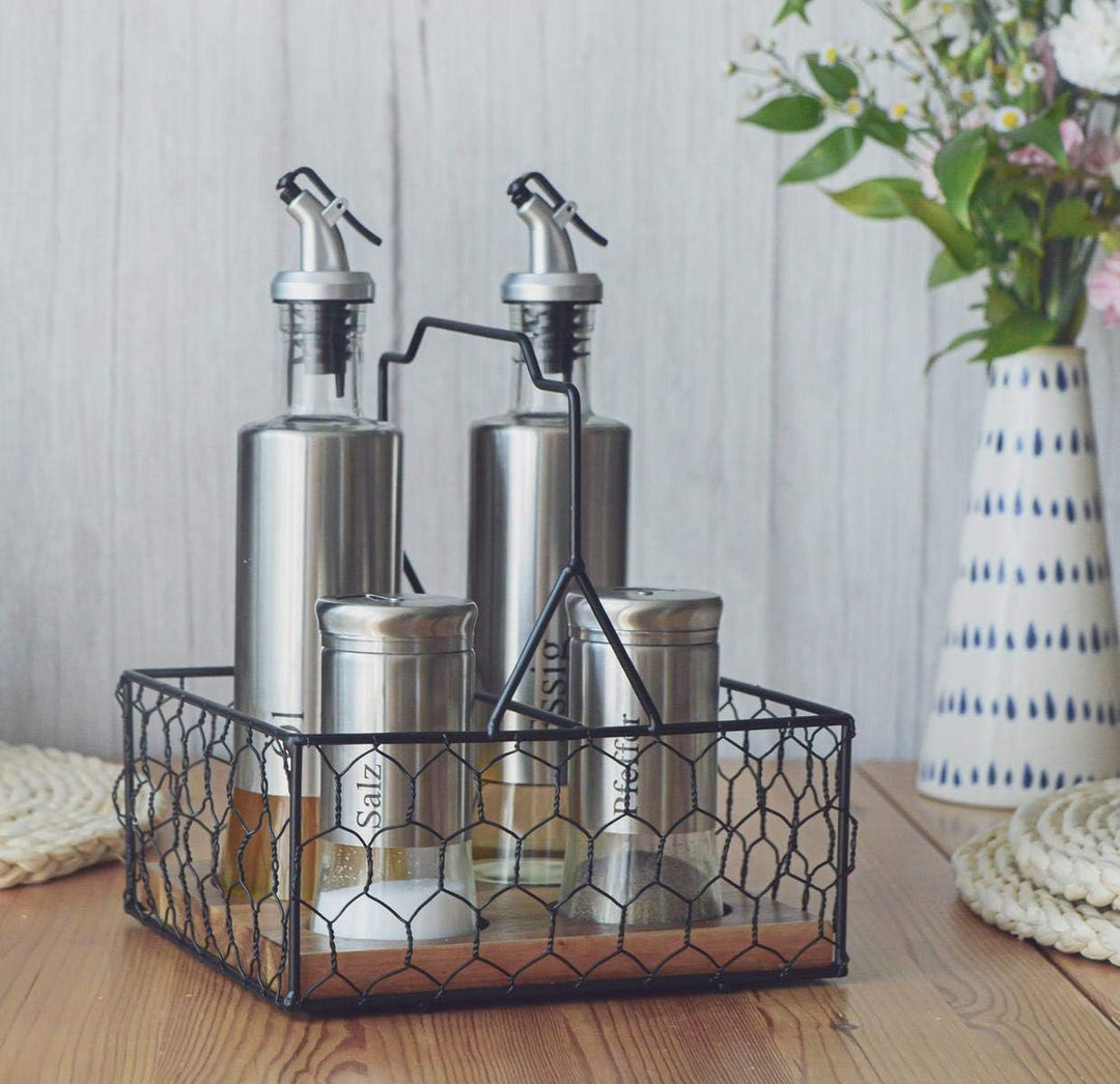 Sendez 5-tlg. Menage Set mit Korb Salz & Pfefferstreuer Ölspender Essigspender Edelstahl Glas