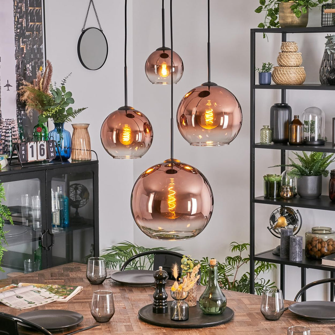HOFSTEIN Hängeleuchte Koyoto, 4-flammige Hängelampe aus Metall/Glas in Schwarz/Kupfer/Klar, Pendelle