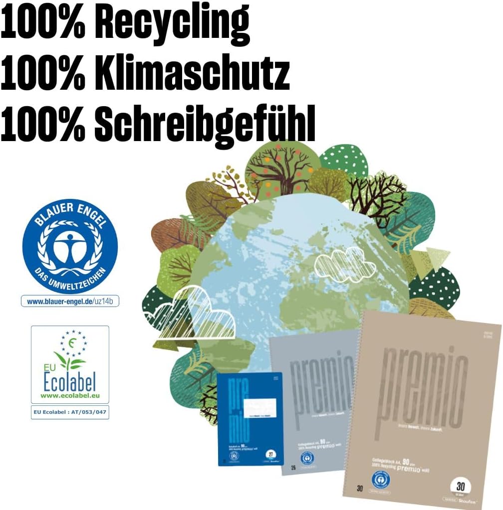Staufen premio Schulheft - 5 Hefte je 32 Blatt, DIN A4, Lineatur 25 (liniert mit Rand), 90 g/m² Recy