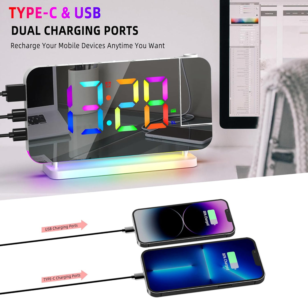 Lancoon Digitaler Wecker mit 180° Projektion Funkuhr 11 RGB Farbdisplay 10 Farben Nachtlicht 15 Stuf