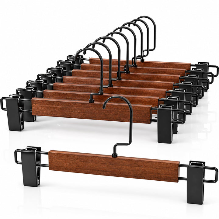 10 Stück Hosenbügel aus Umweltfreundlichem Naturholz, Rockbügel mit Verstellbaren Anti-Rutsch Clips