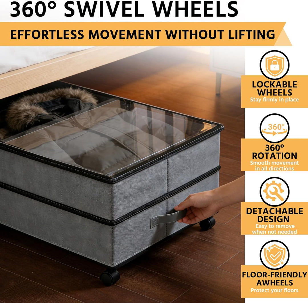 JAOGAUS Unterbett-Aufbewahrungsboxen auf Rollen, 2er-Set 75L Unterbett-Organizer mit Deckel, Höhenve