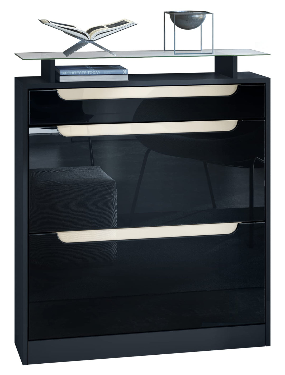 Vladon Schuhschrank Fiesta, Schwarz matt/Schwarz Hochglanz/Creme Hochglanz - Schuhkipper für 16 Paar