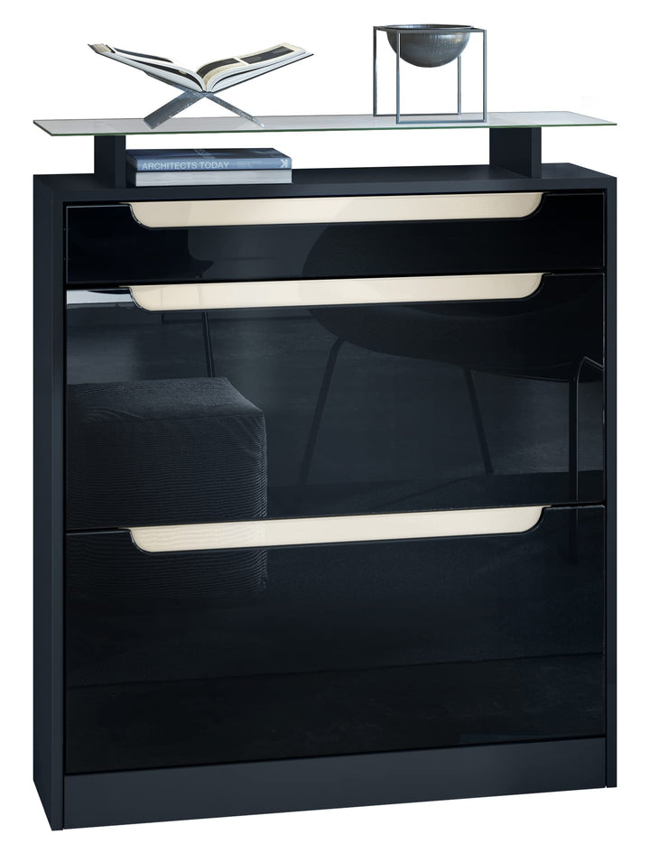 Vladon Schuhschrank Fiesta, Schwarz matt/Schwarz Hochglanz/Creme Hochglanz - Schuhkipper für 16 Paar