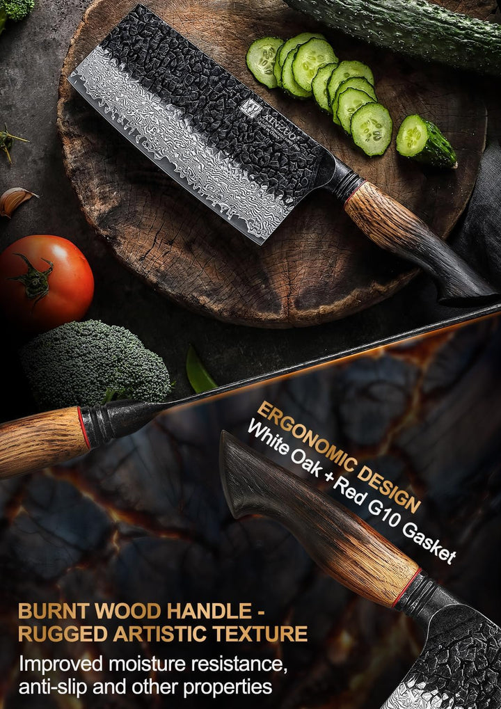 XINZUO Damaststahl Hackmesser 18,5cm Chinesisches Kochmesser -Profi Küchenmesser Hammerfinish Hackbe