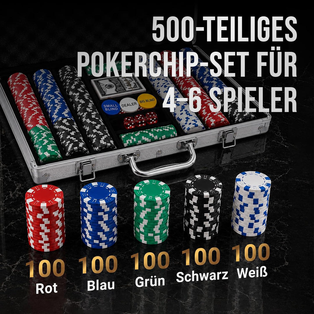 Pokerkoffer mit 500 Laserchips 2 Pokerdecks 3 Button Poker Komplettset, Pokerset Profi Deluxe Set St