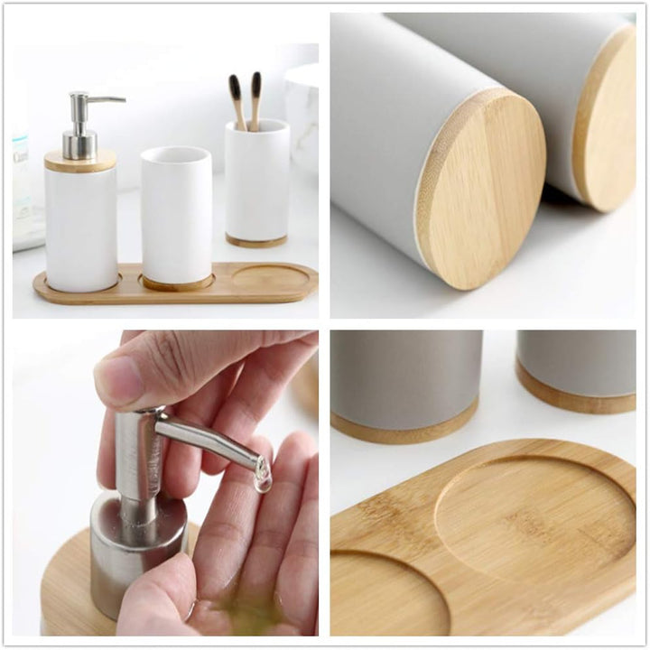 Badezimmer Accessoires Set Keramik, 4-teilig, Zahnbürstenhalter, Seifenspender, Bambus Fach, Zahnput