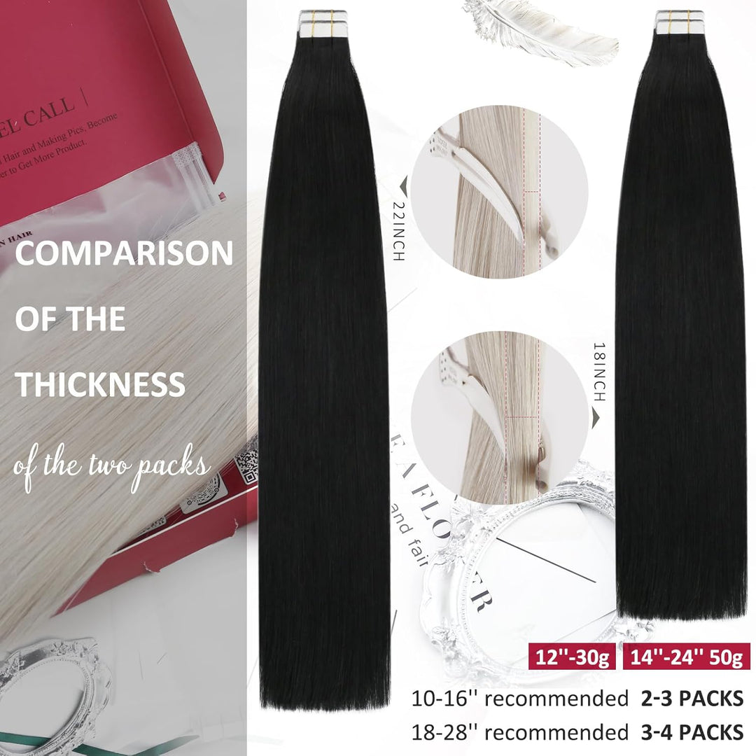 Moresoo Tape in Extensions Echthaar Schwarz Remy Echthaar Tape Haarextension Schwarz #1 Doppelseitig