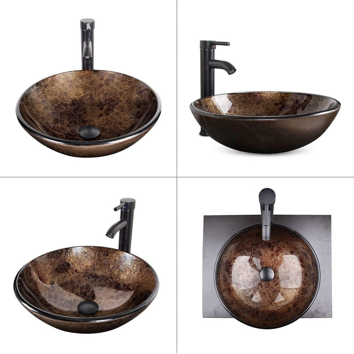 ARTETHYS Waschbecken Glas Aufsatzwaschbecken mit Wasserhahn Ablaufgarnitur, Round Waschschale Wascht