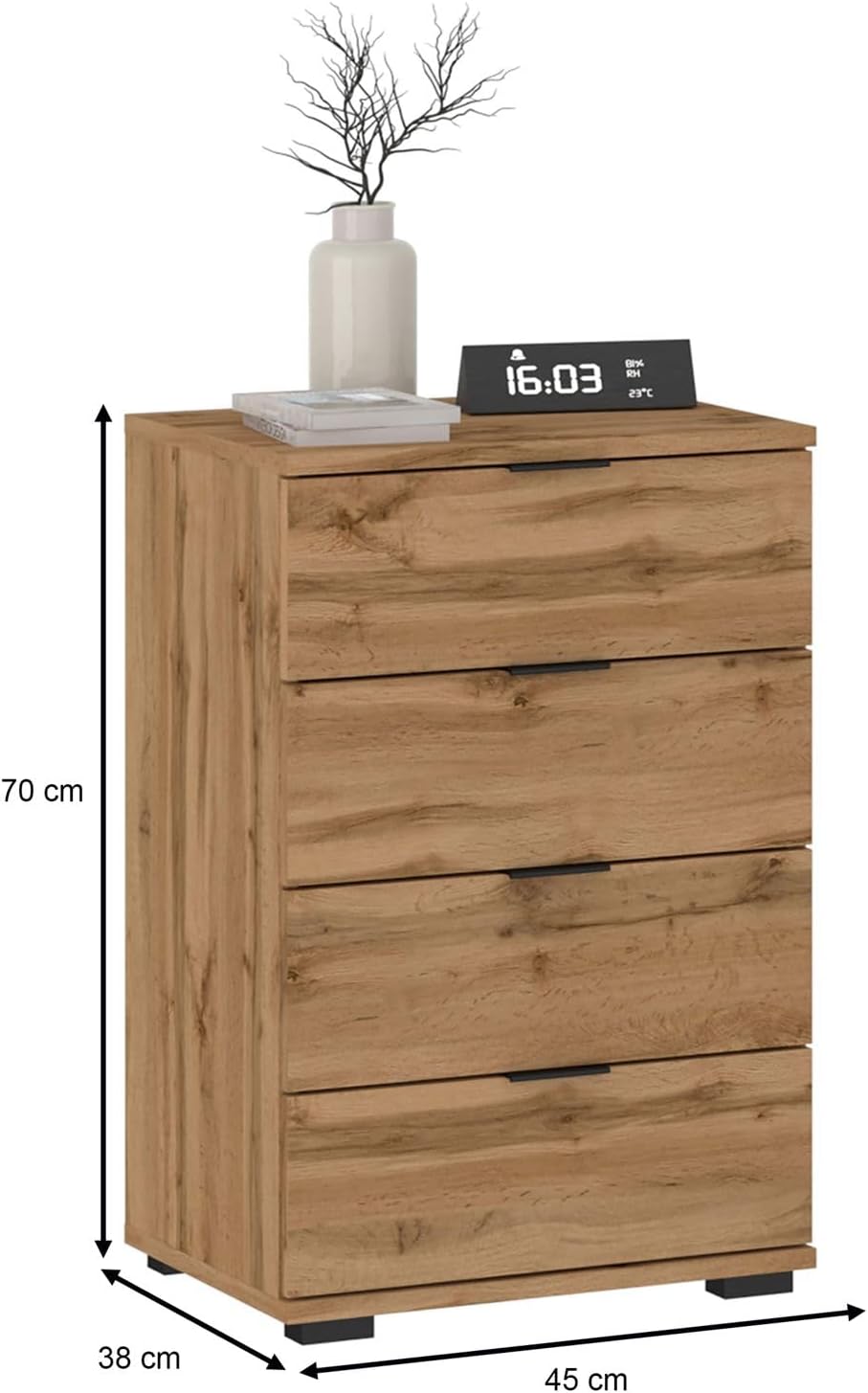 CARO-Möbel Nachttisch Piano Wotan Eiche, Nachtkommode für Boxspringbetten, Nachtschrank mit 4 Schubl